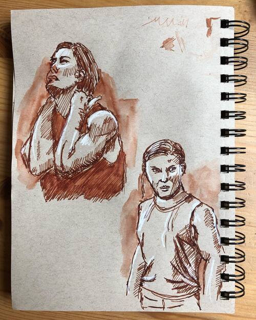2 brown ink sketches of the character Abby from the video game Last of Us 2 on brown paper