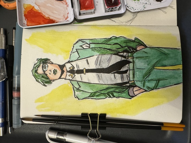 watercolor and ink sketch of the Marvel character Abigail Brand in a green suit and black tie