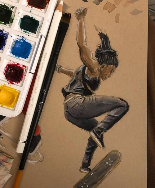 watercolor sketch of the skateboarder Adrianne Sloboh on toned paper