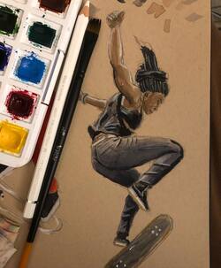 watercolor sketch of the skateboarder Adrianne Sloboh on toned paper