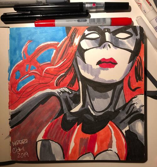 ink and copic close up sketch of Batwoman