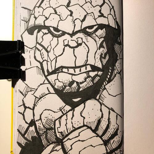 close up ink sketch of Marvel's Ben Grimm