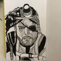 closeup ink sketch of Metal Gear Solid V Big Boss taking off night vision goggles