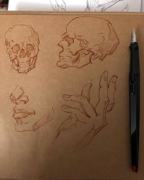 2 skulls, a hand, and a nose and mouth sketched in brown ink on brown paper