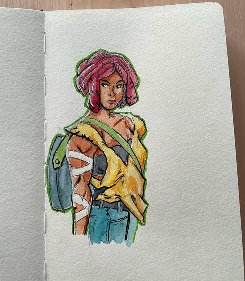 Watercolor sketch of the Streets of Rage 4 character Cherry