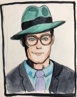 watercolor sketch of Christopher Reeves as Clark Kent wearing a suit and hat