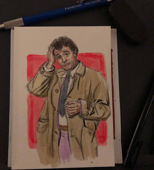 Pencil sketch of Inspector Columo with watercolor colors added digitally. Columbo is in his signature pose scratching his head and wearing his trench coat