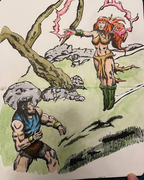 Watercolor sketch of Conan seeing Tetra floating towards him with lightning coming out of her eyes