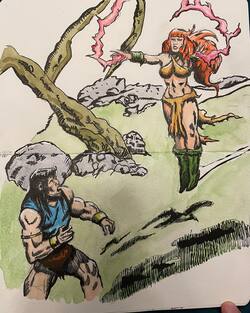 Watercolor sketch of Conan seeing Tetra floating towards him with lightning coming out of her eyes