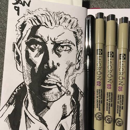 closeup ink sketch of the DC character John Constantine smoking
