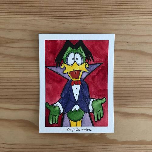 watercolor and ink sketch of Count Duckula shrugging