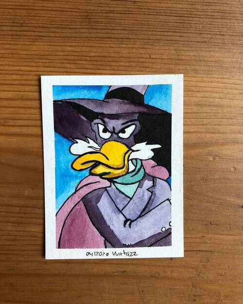 watercolor and ink sketch of Darkwing Duck