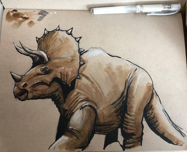 watercolor sketch of a triceratops dinosaur seen from the side