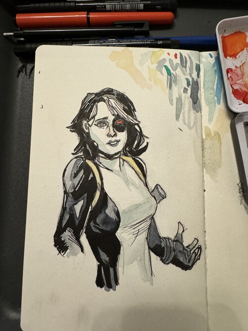 Watercolor and ink drawing of the Marvel character Domino doing a slight shrug in the style of Phil Noto