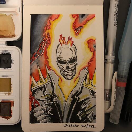 watercolor and ink drawing of the Marvel character Ghostrider in a leather jacket with a flaming skull head