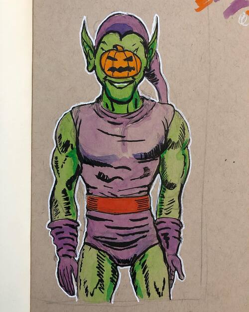 watercolor and ink sketch of the Marvel villain Green Goblin with a pumpkin in front of his face as an hommage to Rene Magritte's 'The Son of Man'