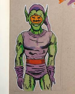 watercolor and ink sketch of the Marvel villain Green Goblin with a pumpkin in front of his face as an hommage to Rene Magritte's 'The Son of Man'