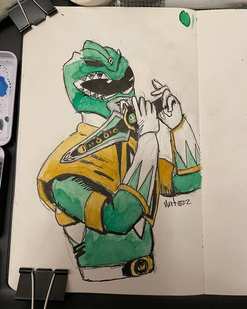 watercolor sketch of the green Power Ranger playing the dagger flute