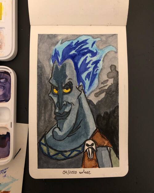 watercolor and ink drawing of Hades from the Disney movie Hercules