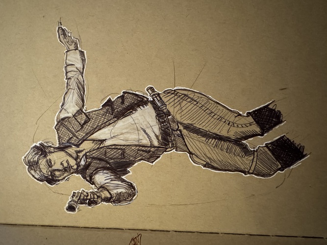 ballpoint pen sketch of Han Solo holding a blaster to shoot. Done on brown toned paper with white pencil and gel pen for shirt and highlights
