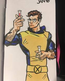 ink and copic sketch of Hank McCoy in his human looking form with some vials doing experiments