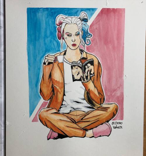 watercolor and ink drawing of Harley Quinn drinking tea based on the same scene in the Suicide Squad movie