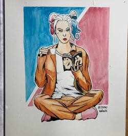 watercolor and ink drawing of Harley Quinn drinking tea based on the same scene in the Suicide Squad movie