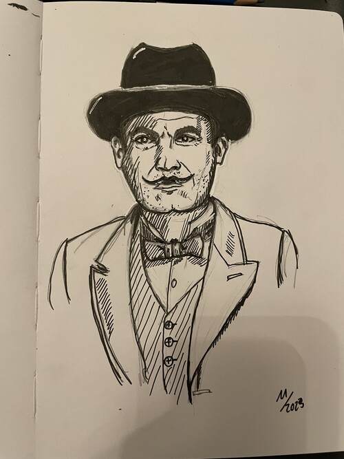 Pencil and ink sketch of David Suchet as Hercule Poirot
