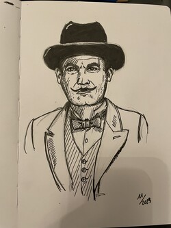 Pencil and ink sketch of David Suchet as Hercule Poirot