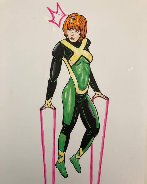Ink and copic sketch of the X-Men character teen Jean Grey levitating