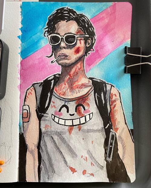 watercolor sketch of Mary Elizabeth Winstead's character 'Kate' in sunglasses and a bloody shirt