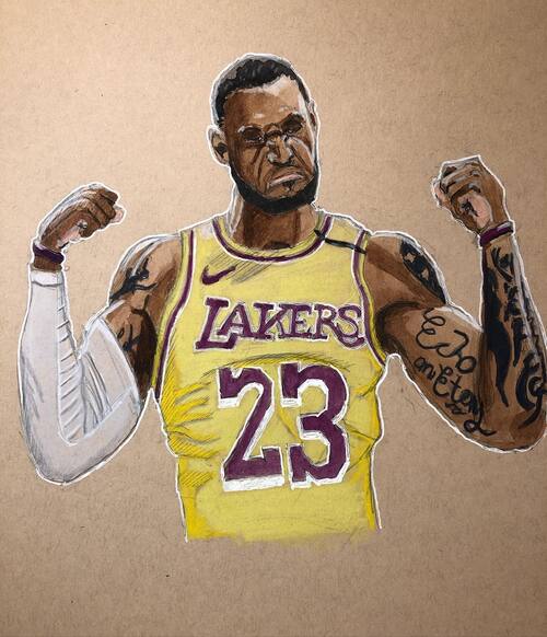 watercolor and watercolor pencils sketch of Lebron James in a Lakers jersey doing a pose with both fists up
