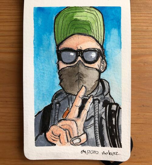 watercolor and ink drawing of a man (me) in a hat, sunglasses, and mask taking a selfie with one hand doing a victory/peace sign to the camera.