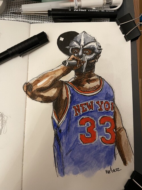 A watercolor sketch of MF Doom in a blue and read NY Knicks basketball jersey holding a microphone 