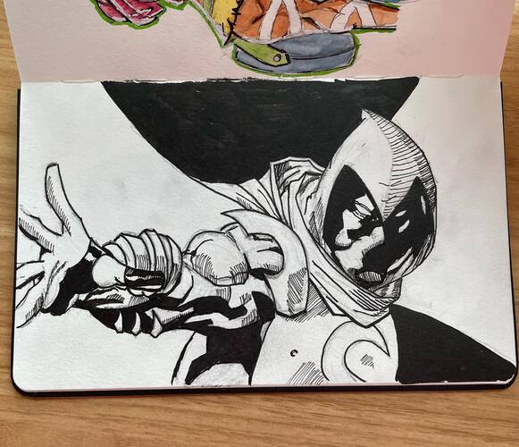 ink sketch of Marvel's Moon Knight in a foreshortened pose from the side with one hand open towards the foreground