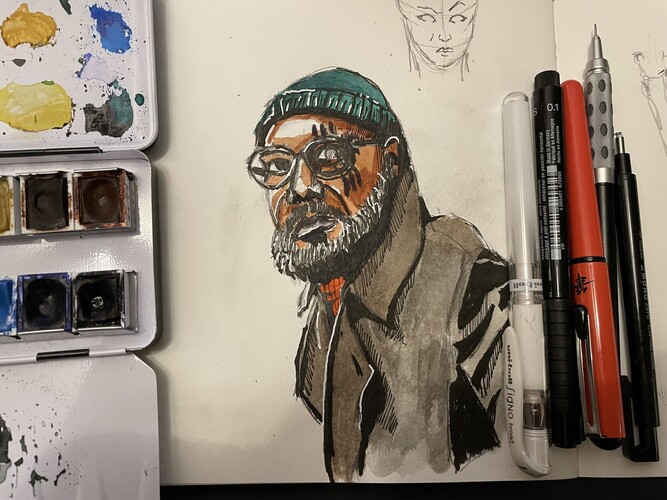 Watercolor and ink sketch of Nick Fury from the Secret Invasion Disney+ show