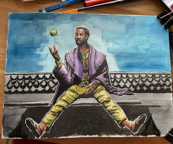 Watercolor sketch of The One Who Remains from the Loki Disney+ show sitting on a couch throwing an apple in the air