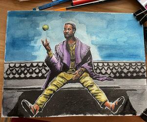 Watercolor sketch of The One Who Remains from the Loki Disney+ show sitting on a couch throwing an apple in the air