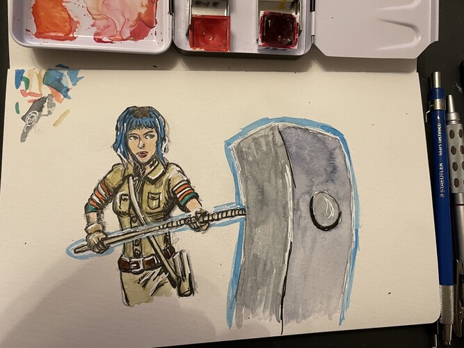 Sketch in ink and watercolor of the Scott Pilgrim character Ramona Flowers with blue hair, an olive shirt and skirt, holding a giant hammer 