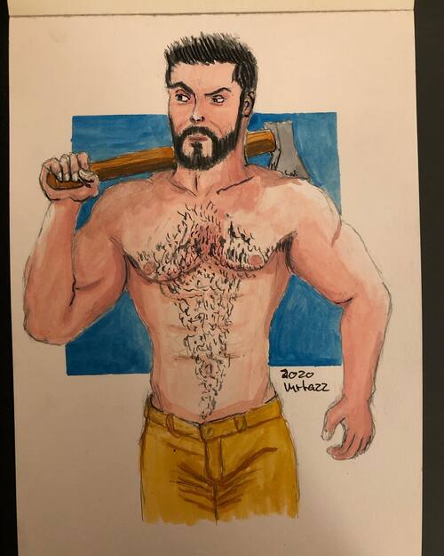 Watercolor and ink drawing of a dark haired man without a shirt carrying an axe over his shoulder