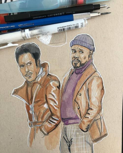 Watercolor art of Richard Roundtree and Samuel L. Jackson as their Shaft characters