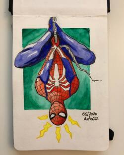 Watercolor and ink sketch of Spider-Man hanging upside down with an activated spider-sense signified by yellow lightning coming out of his head