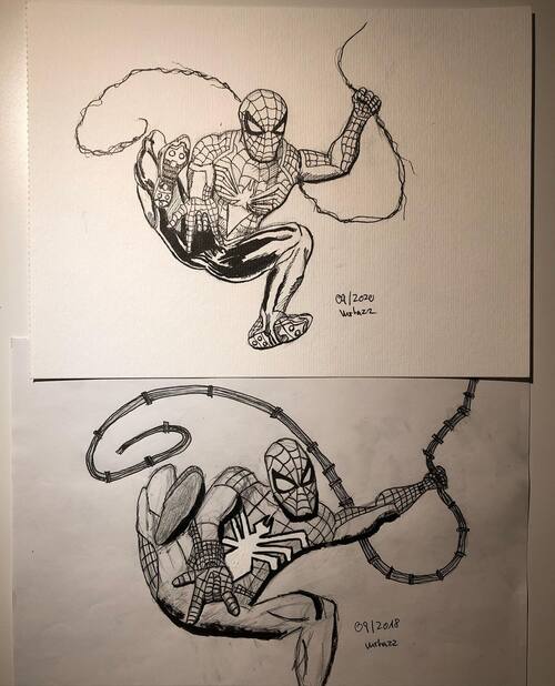 Spider-Man drawn in a dynamic pose with pencil and ink side by side with one version drawn in 2018 and one in 2020