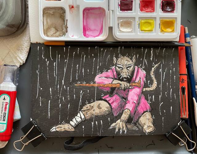 watercolor and ink sketch of Splinter from TMNT doing a crouching fight pose