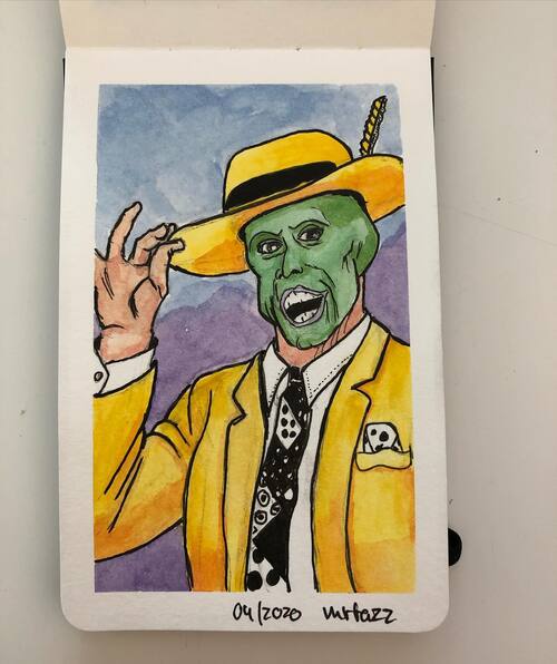 Watercolor and ink drawing of Jim Carrey as The Mask in a yellow suit tipping his hat