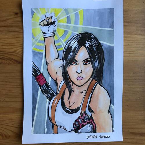 watercolor and ink drawing of Tifa from the game Final Fantasy VII charging her fist for her 'Final Heaven' limit move