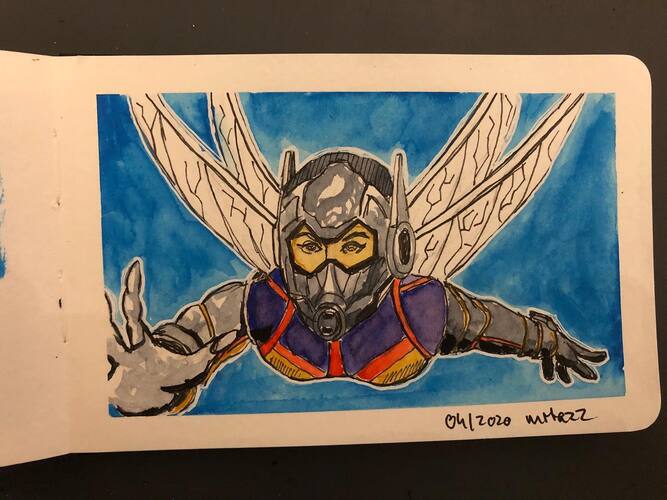 watercolor drawing of the Marvel character The Wasp flying, done in the style of the MCU movies